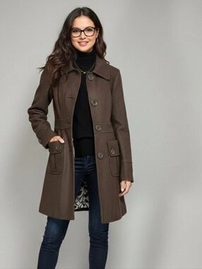 Fitted TULLE Anthropologie Pea Coat Wool Retro Button Vintage Antro Brown XS